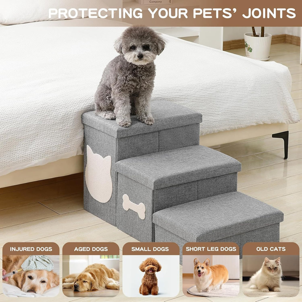 3-Step Dog Stairs for Small Dogs, Folding Dog Steps for Bed, Grey