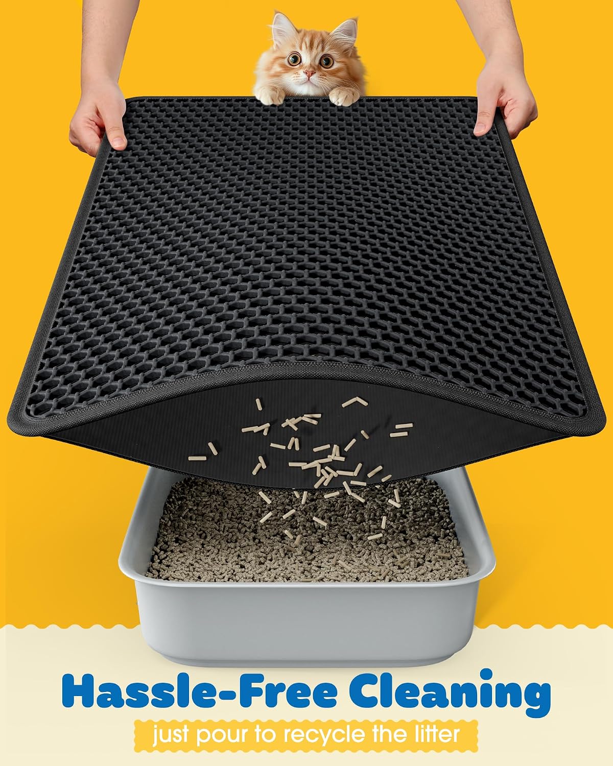 Powools Ultra-Large Cat Litter Mat, 35'' x 30", Double-Layer, Black | Urine-Proof, Non-Slip Litter Trapping Mat, Easy to Clean, Kitty Litter Mats for Floor, Scatter Control