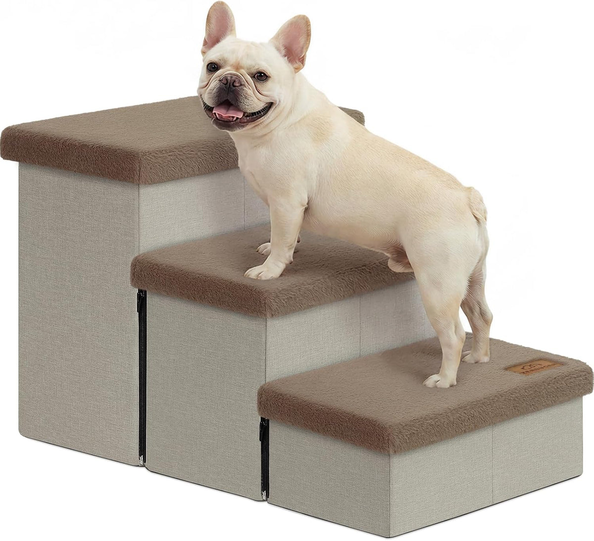 Zerbuger Dog Stairs with Storage Khaki Furry Lids 3 Steps Dog Ramp no Condo