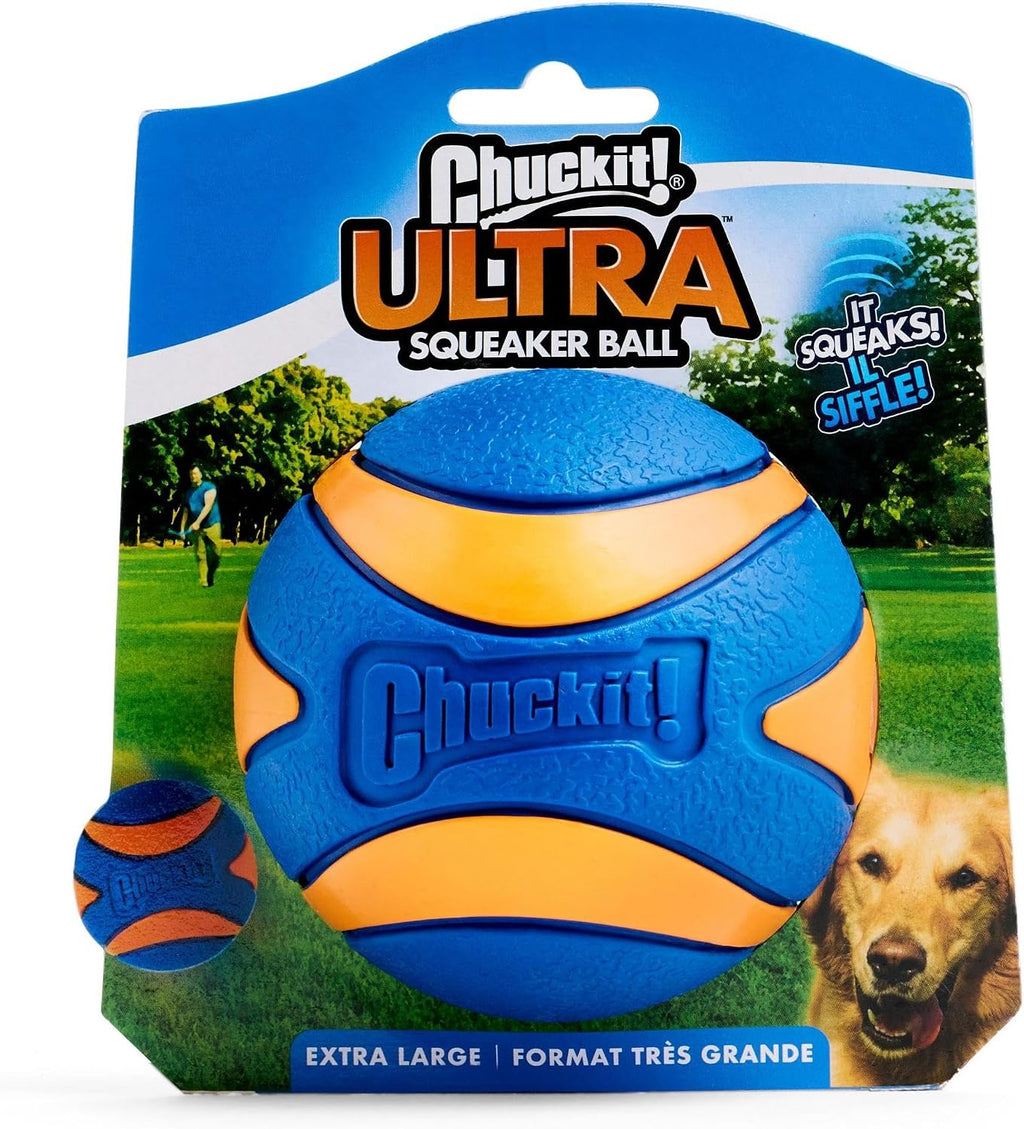 Chuckit! Ultra Squeaker Dog Ball - Extra Large Bouncy and Squeaky Pet Toy for Dogs 100+ lbs - Floats on Water - Durable Rubber - 3.5" Diameter - Size XL (Pack of 12)