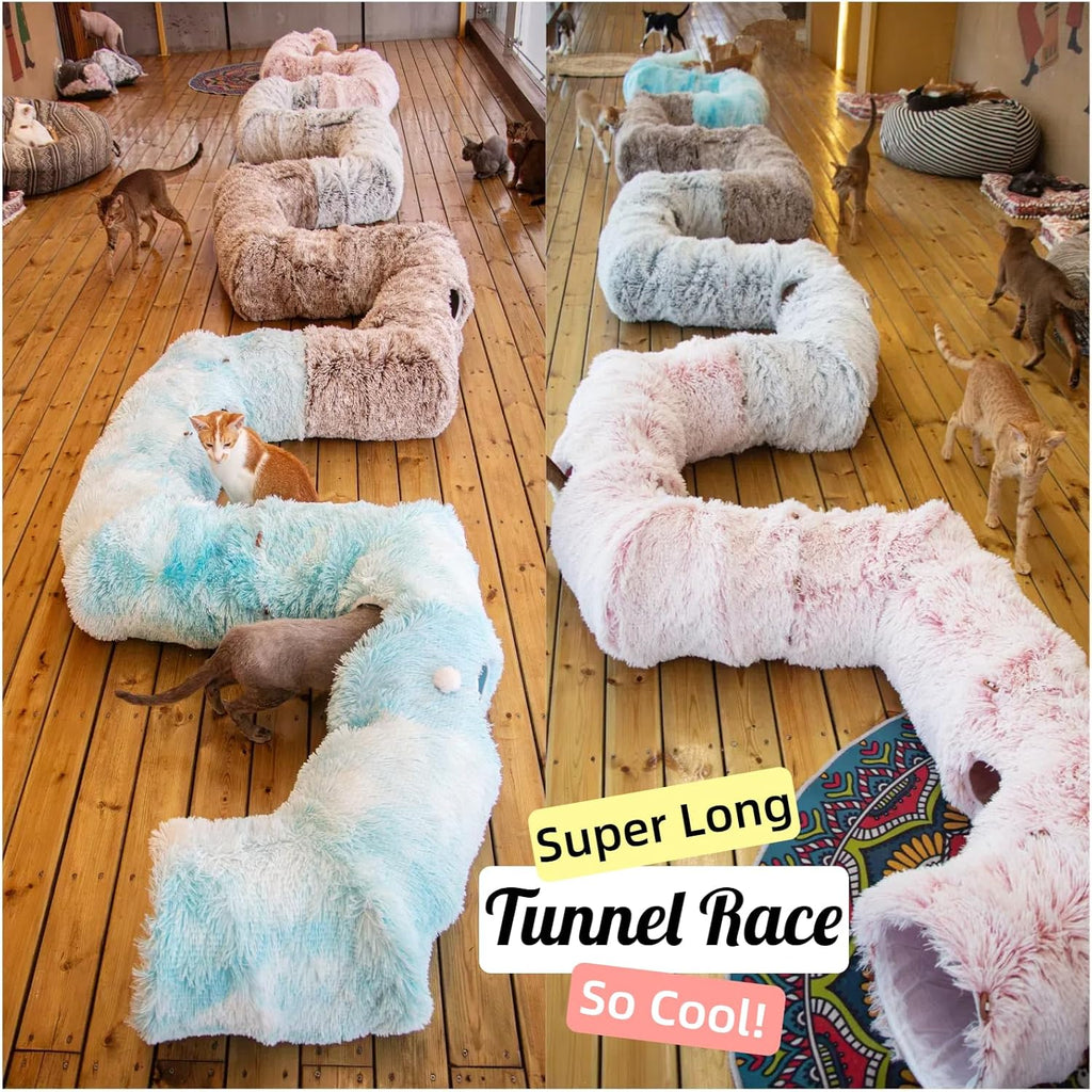 XxingSheep 4 Cave Shuttled XL Cat Tunnel Bed for Indoor Cats Peekaboo Toy Donut with Warm Mat, Yellow-Brown