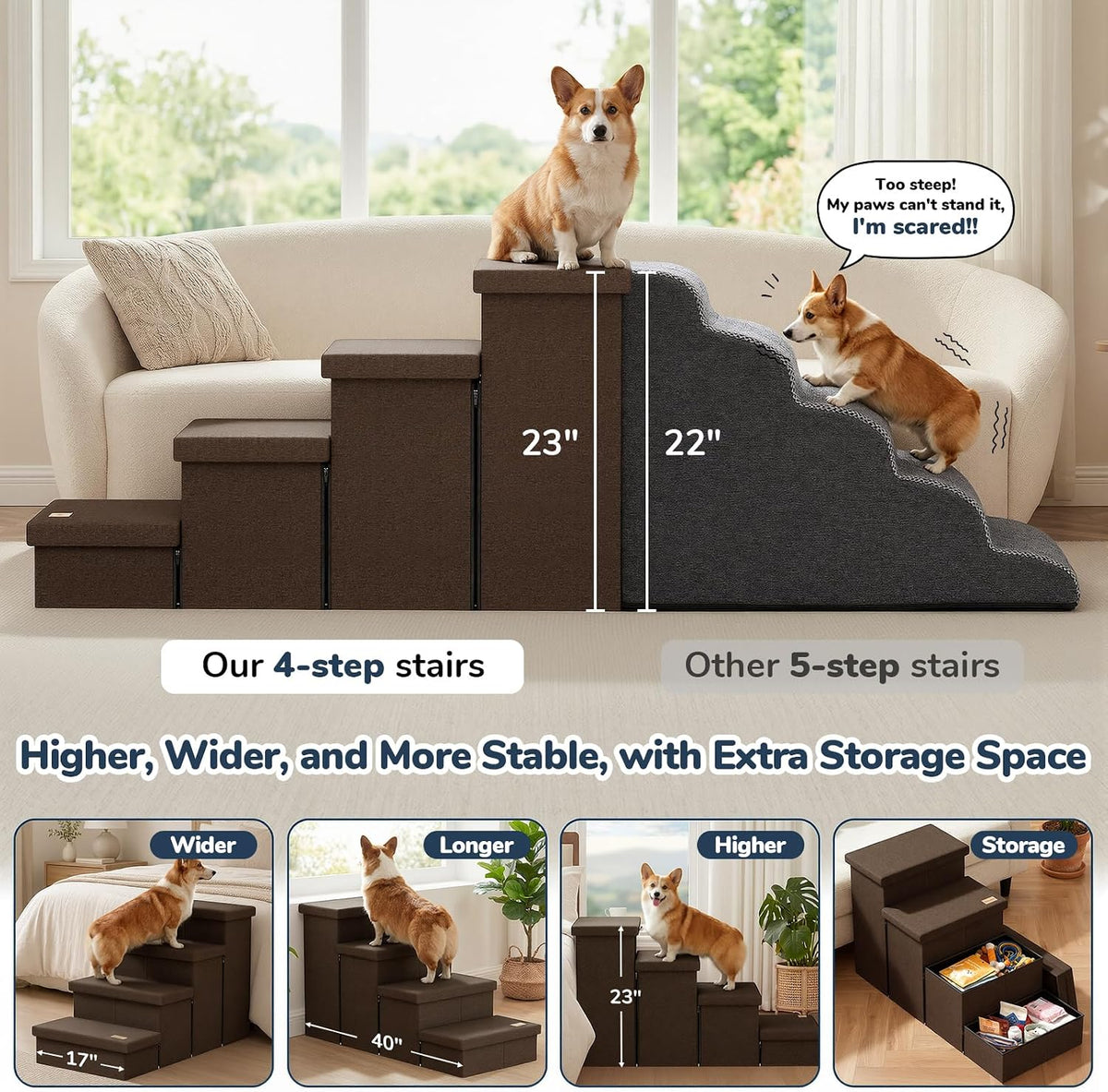 4-Step Wide Dog Stairs with Storage 23" H, Non-Slip Sturdy Pet Steps for High Bed Couch Window, Pet Stairs for Small/Medium/Large Old Dogs Cats Up to 220lbs, Cat Dog Steps for Car/SUV, Coffee