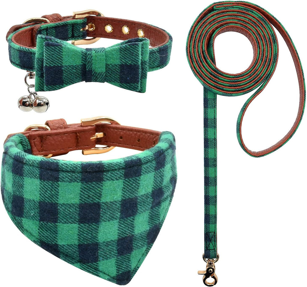 3PCS Bow Tie Dog Collar and Leash Set Plaid/Camo/Dots/Flower Dog Bandanas with Bell 3 Size Adjustable for Small Dogs Puppies and Cats (XS, Green Plaid)