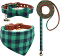 3PCS Bow Tie Dog Collar and Leash Set Plaid/Camo/Dots/Flower Dog Bandanas with Bell 3 Size Adjustable for Small Dogs Puppies and Cats (XS, Green Plaid)