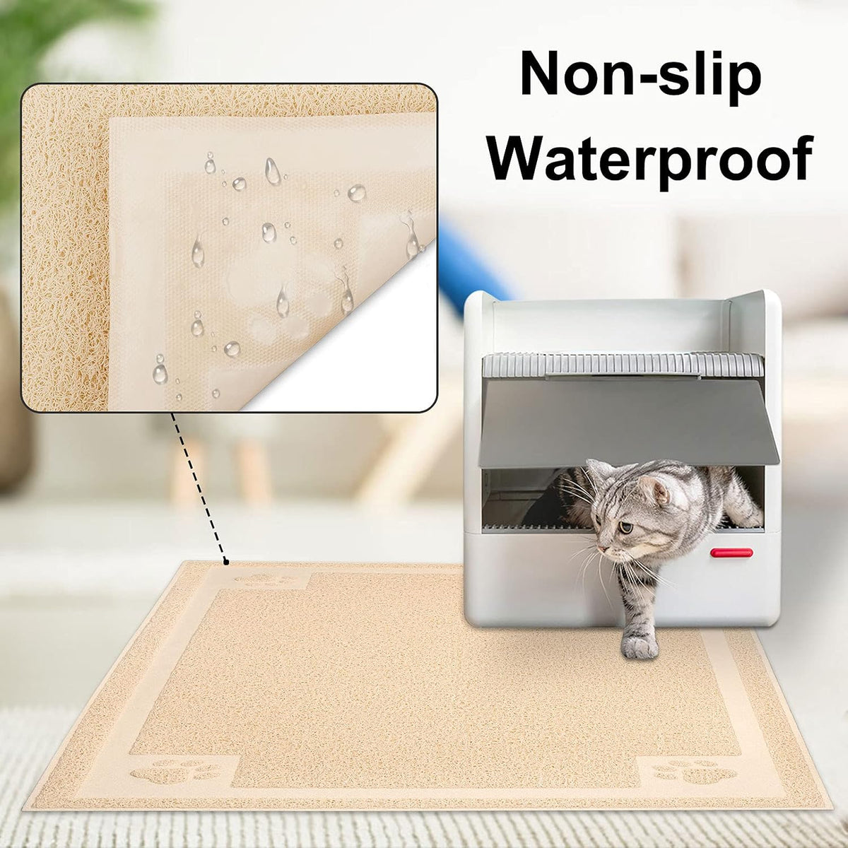 UPSKY Large Cat Litter Mat Trapper 35"×23", Waterproof, Non-Slip, Beige | Large Litter Box Mat, Foldable Trapping Mat, Anti-slip Design, For Cat Litter Boxes and Sensitive Paws, Easy to Clean