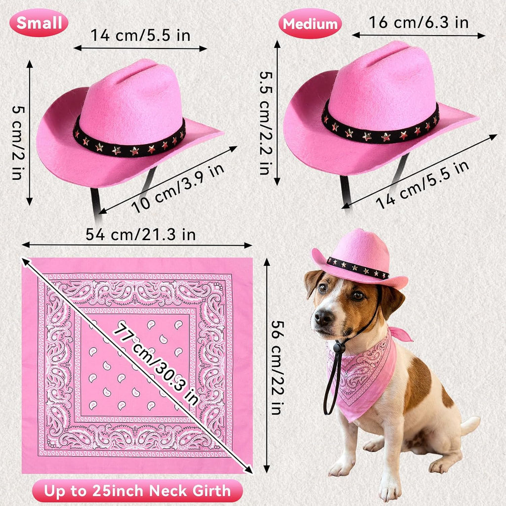 Pet Cowboy Costume, Dog Cowboy Hat with Bandana Scarf, Adjustable Cat Cowboy Hat for Party Cosplay Christmas, Halloween Cowboy Costumes for Small Pet Dogs Cats (Pink, Medium)