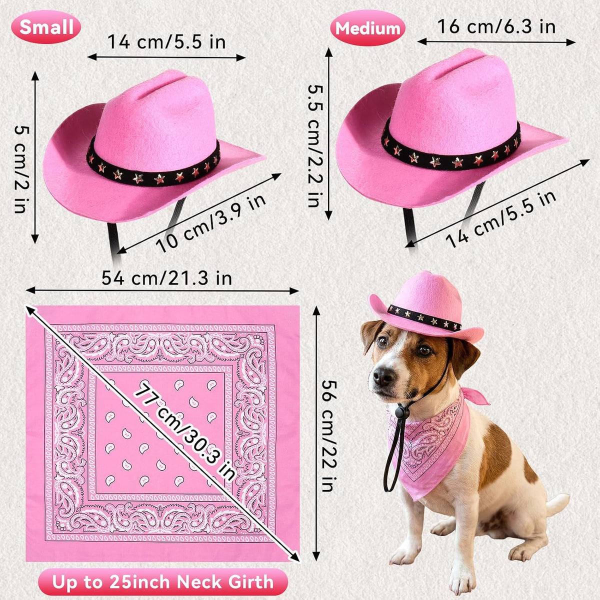 Pet Cowboy Costume, Dog Cowboy Hat with Bandana Scarf, Adjustable Cat Cowboy Hat for Party Cosplay Christmas, Halloween Cowboy Costumes for Small Pet Dogs Cats (Pink, Medium)