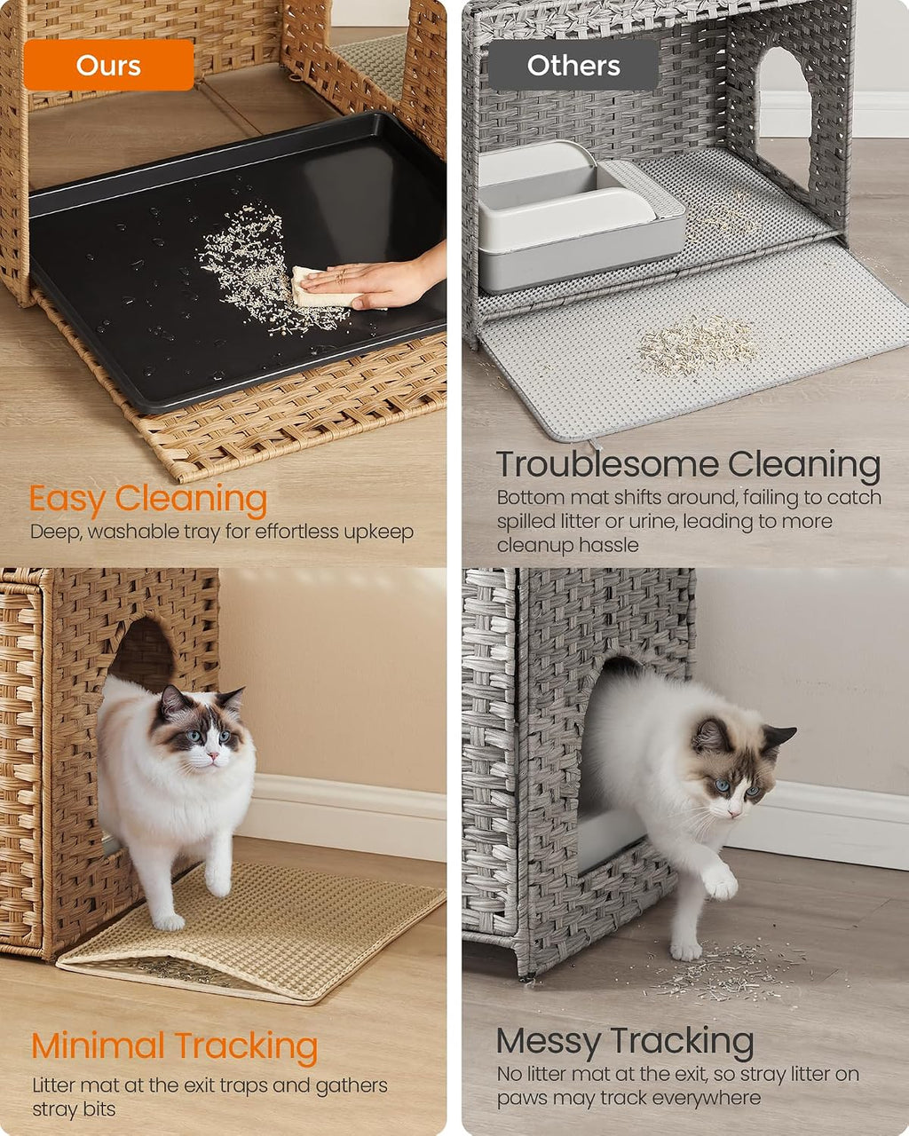 Feandrea Cat Litter Box Enclosure, Handwoven Rattan End Table, Extra Mat