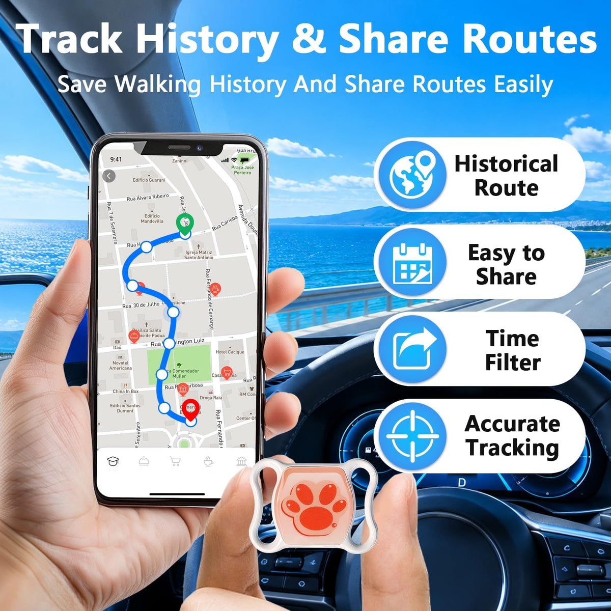 GPS Tracker for Dogs, Smart Collar with Real-Time Locator with Holder Pet Location Tracker, No Monthly Fee/No SIM Card, for Android and iOS, Ultra-Slim, IP68 Waterproof, Reliable