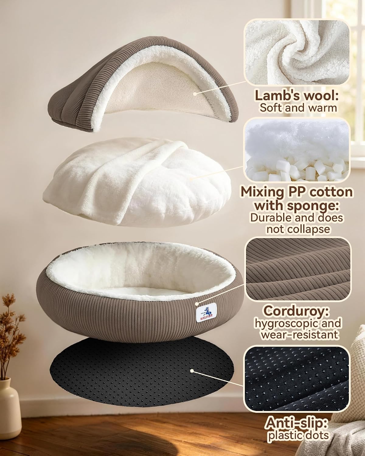 Calming Cozy Dog Cave Cover Bed, Burrow Small Doggy Anti Anxiety