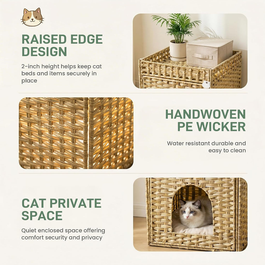 Cat Litter Box Furniture, Rattan Litter Box Enclosure Cabinet for Indoor Cats, Ventilated Covered Litter Box House, Decorative Litter Box Hider with Mat