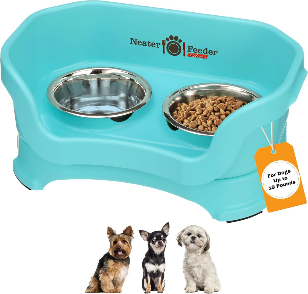Neater Pet Brands Neater Feeder Deluxe Mess Proof Dog Bowls Elevated for Small Dogs Under 19 lbs, Made in USA, No Spill Raised Dog Food Bowl Stand Feeding Station, Food and Water Bowl Set, Aquamarine 
