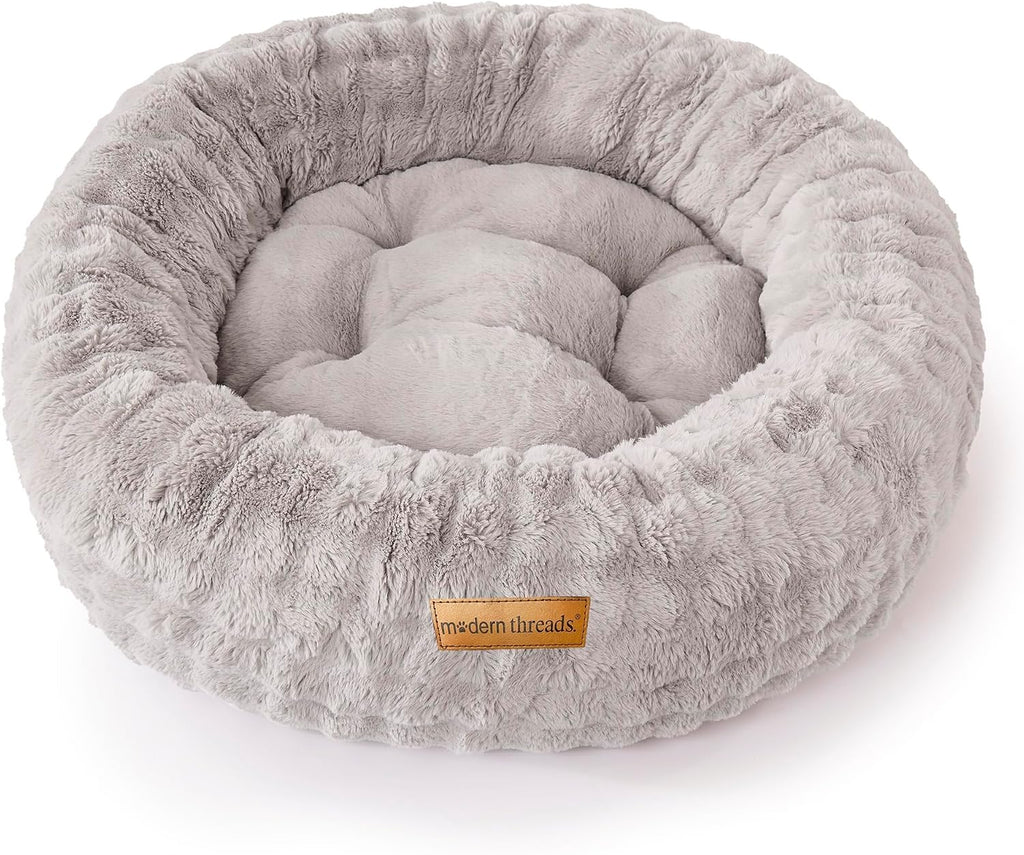 Modern Threads Calming Donut Dog Bed for Medium Dogs, Plush Round Faux Fur Pet Bed with Raised Bolster, Soft Washable Dog Bed, 30x30x9, Gray