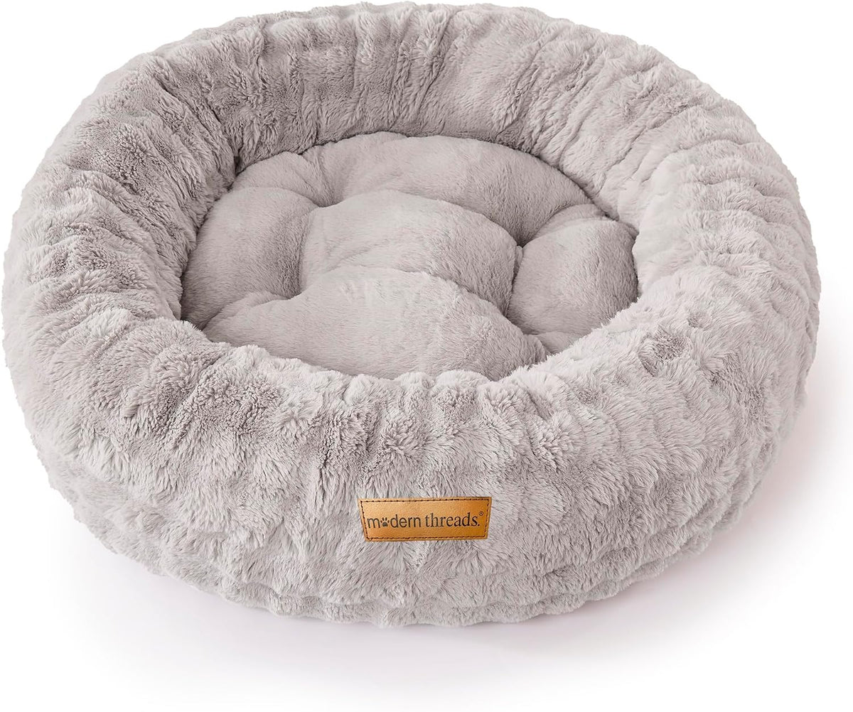 Modern Threads Calming Donut Dog Bed for Medium Dogs, Plush Round Faux Fur Pet Bed with Raised Bolster, Soft Washable Dog Bed, 30x30x9, Gray