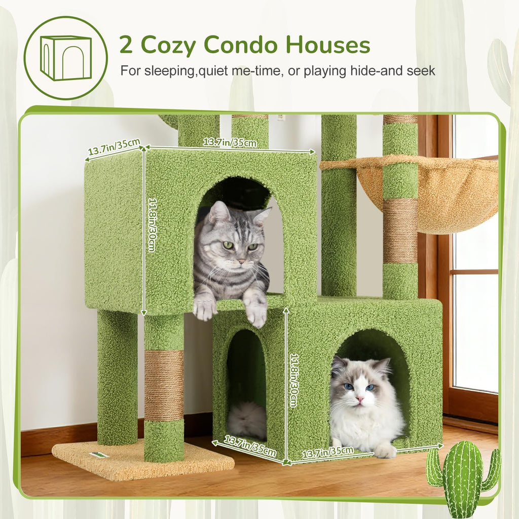 Globlazer 52in Cactus Cat Tree Tower for Indoor Cats, 2 Condos, S52, Green