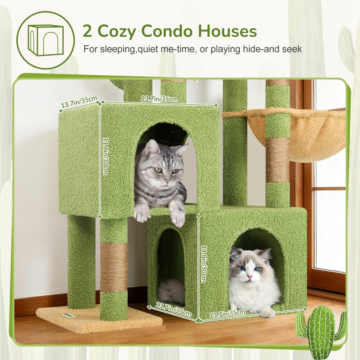 Globlazer 52in Cactus Cat Tree Tower for Indoor Cats, 2 Condos, S52, Green