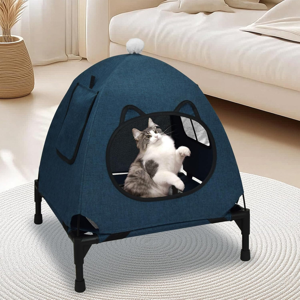 Pozico Elevated Dog Bed with Canopy and Breathable Mesh for Small Dog and Cat, 18.5x18.5x16.9 inch, Navy Blue
