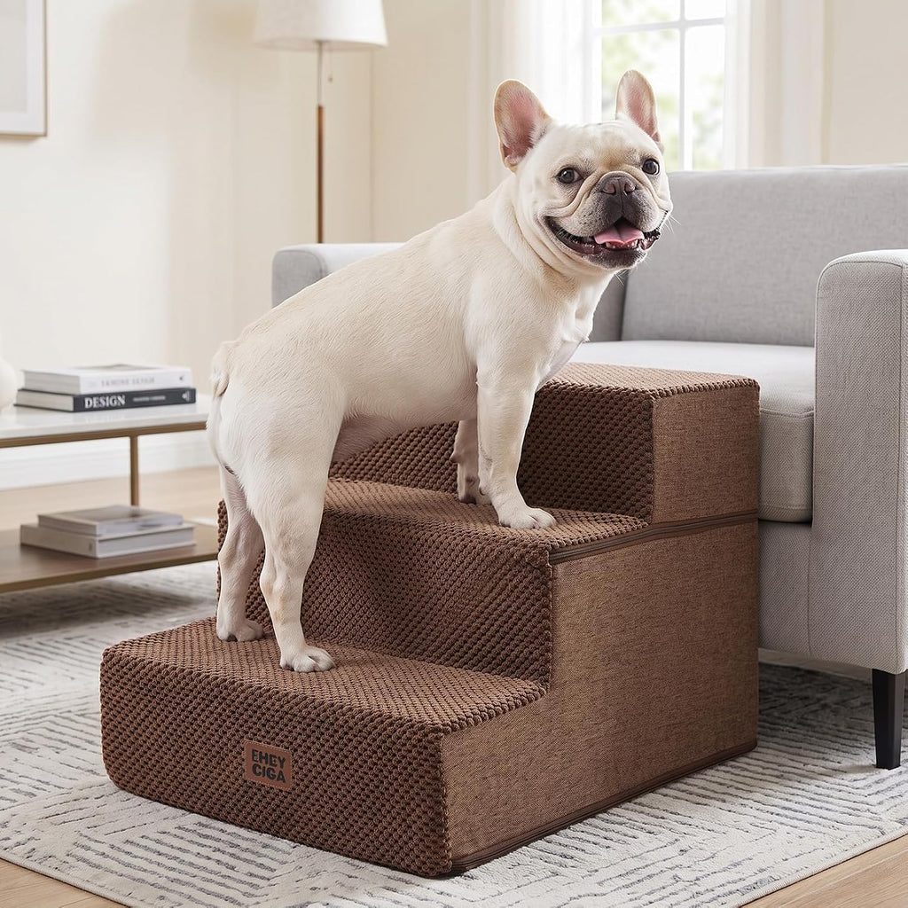 EHEYCIGA Dog Stairs 13.5" H, 3-Step Extra Wide Dog Steps, Brown