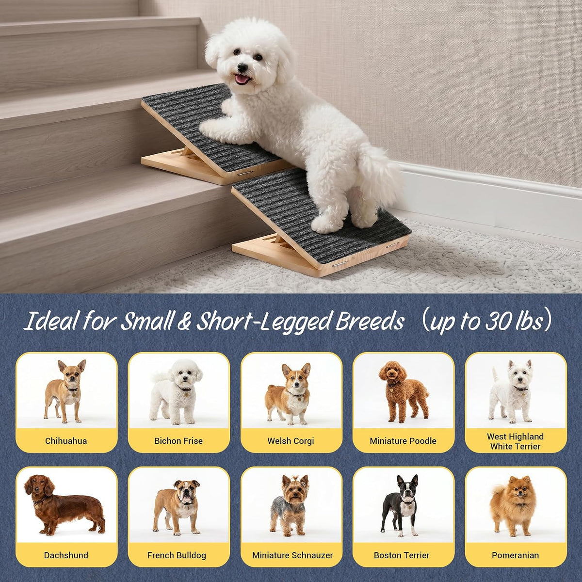 Dog Ramp for Stairs 3 Pack - Adjustable Wooden Stair Wedges for Small Dogs, Foldable Indoor Dog Stair Ramp with Triangular Support and Non-Slip Pads for Senior and Short-Legged Pets