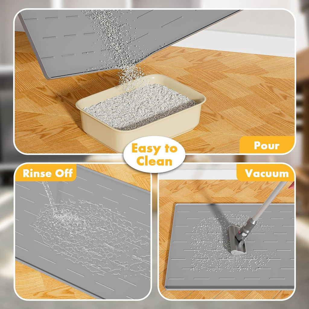 Pieviev Extra Large Silicone Litter Box Mat, Easy to Clean, 40'' x 28'' | Deep Grooves Trap Litter, Soft on Kitty Paws, Cat Mat with Non-Slip Backing, Raised Edge Catch Urine and Spills