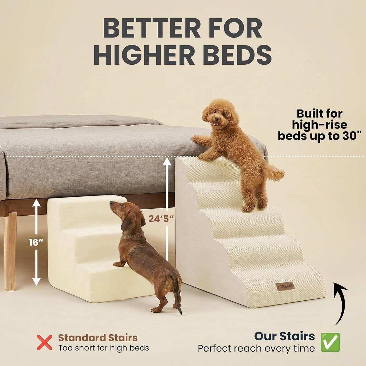 Miorun Dog Stairs for High Beds, 24.5" Foam Pet Ramp Step for Small Dogs