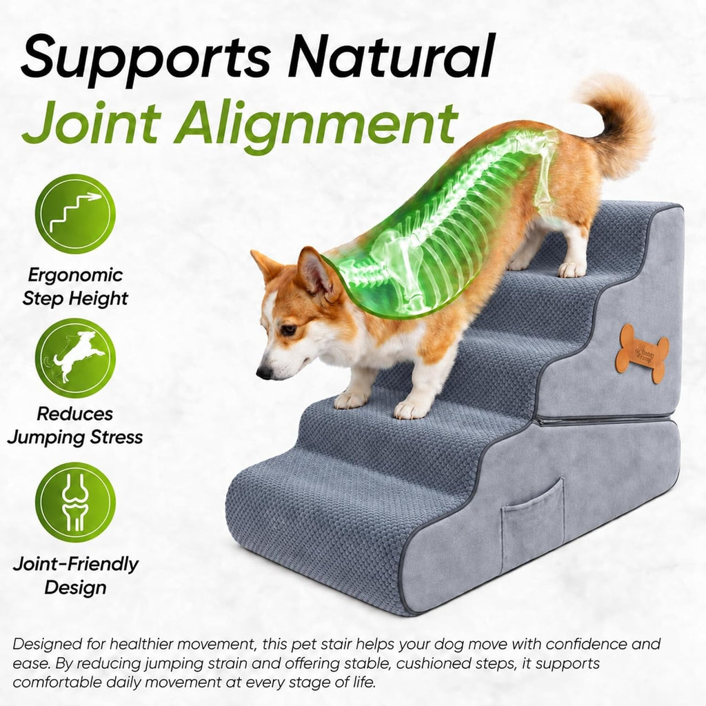 Dog Stairs for Bed & Couch – 2-in-1 Foldable Dog Stairs and Ramp (Gray - 5-Steps)