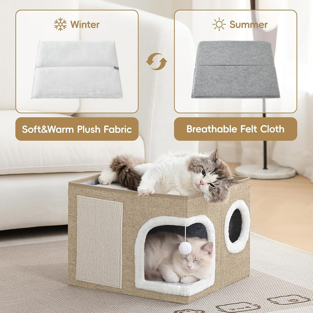 Cat Beds for Indoor Cats,Large Cat Cave House with Scratch Pad and Fluffy Ball,Foldable Cat Condo Hideaway, Modern Kitten Bed, Khaki‌