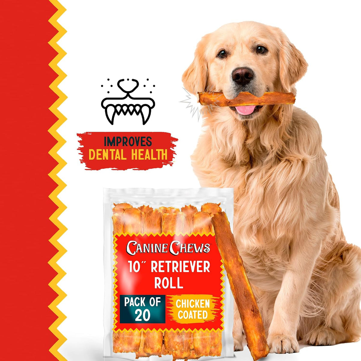 Canine Chews 10" Chicken Coated Dog Rawhide Retriever Rolls (20 Pack) Bones for Large Dogs - 100% USA-Sourced-Chicken - Long-Lasting - Healthy Dental Chew