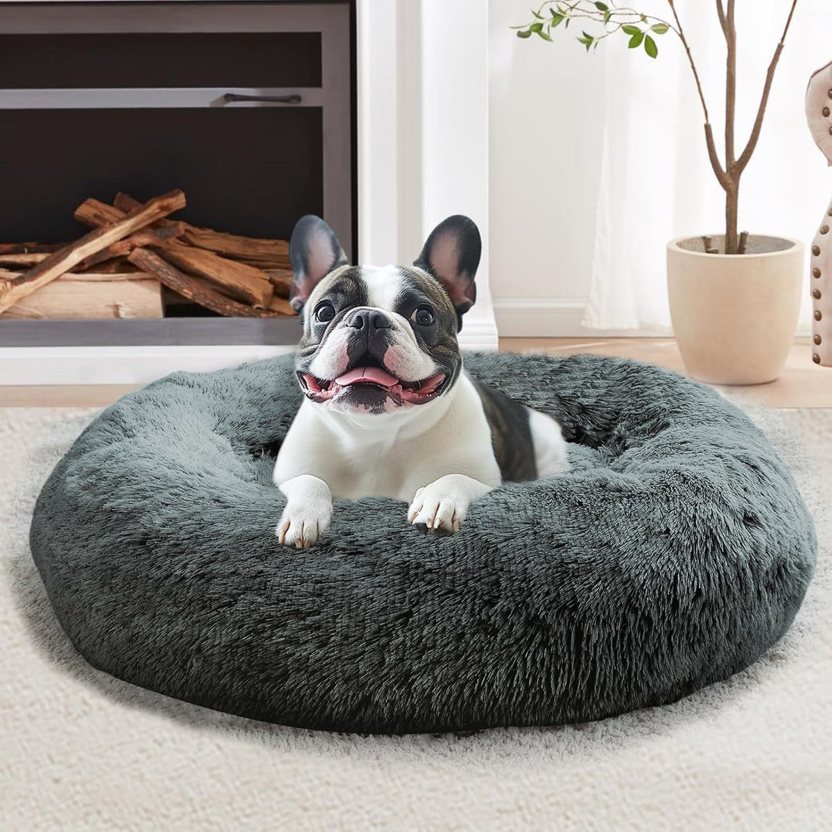 JOLLYVOGUE Calming Dog Beds Large Sized Dog, 36in Donut Washable Large Pet Bed, Anti-Slip & Anti-Anxiety Fluffy Faux Fur Round Dogs Bed, Fits up to 80 lbs Pets (Navy Grey)