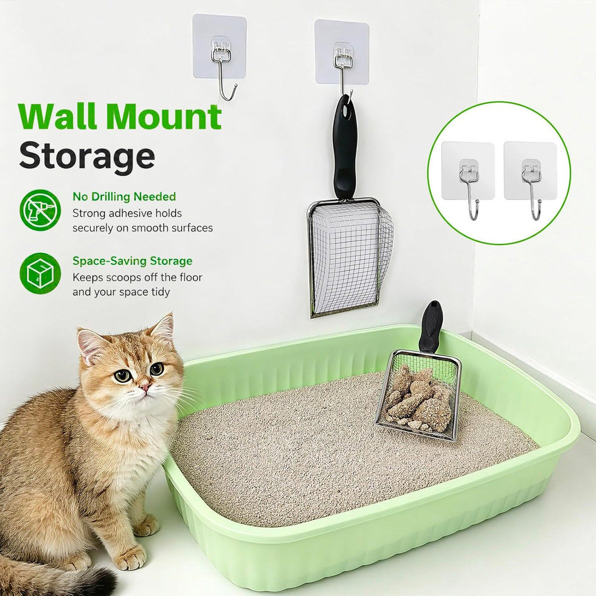 2 Pack Cat Litter Scoop with 3.8mm & 5mm Mesh – Stainless Steel Kitten Litter Scoop with 2 Adhesive Hooks, Metal Cat Poop Scooper for All Litter Types, Efficient Sifting & Easy Cleaning for Litter Box