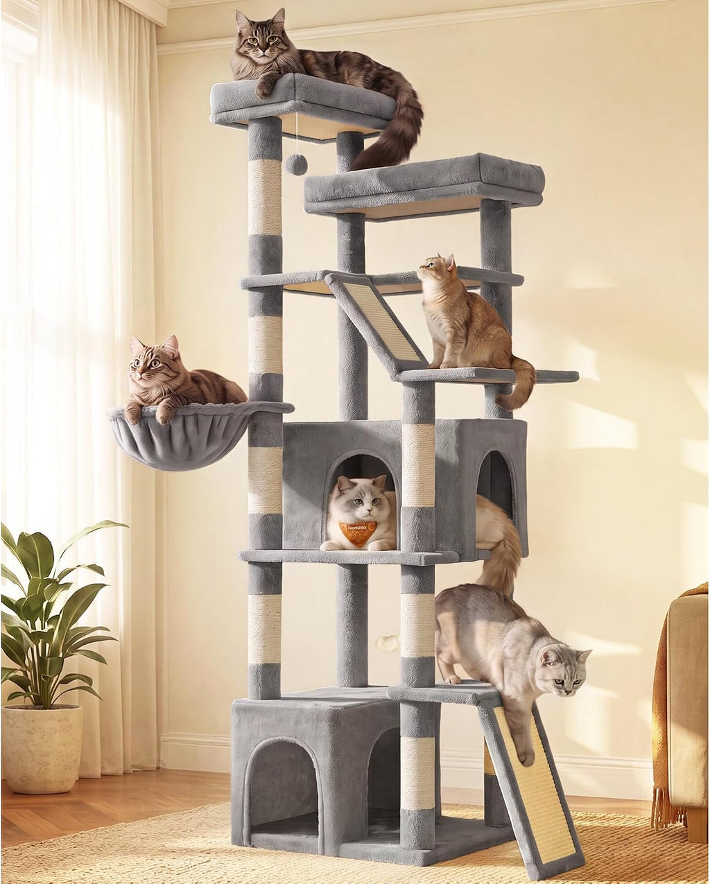 Feandrea 72.6-Inch Tall Cat Tree Tower for Indoor Extra Large Cats, Scratching Posts, Scratching Boards, Multi-Level Design, Dove Gray UPCT014G101S