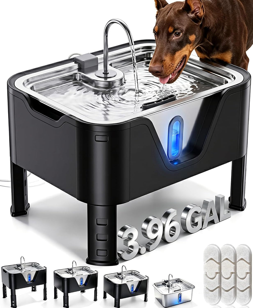 3.96Gal XL Large Dog Water Fountain Elevated Dog Water Bowl with 3 Filters