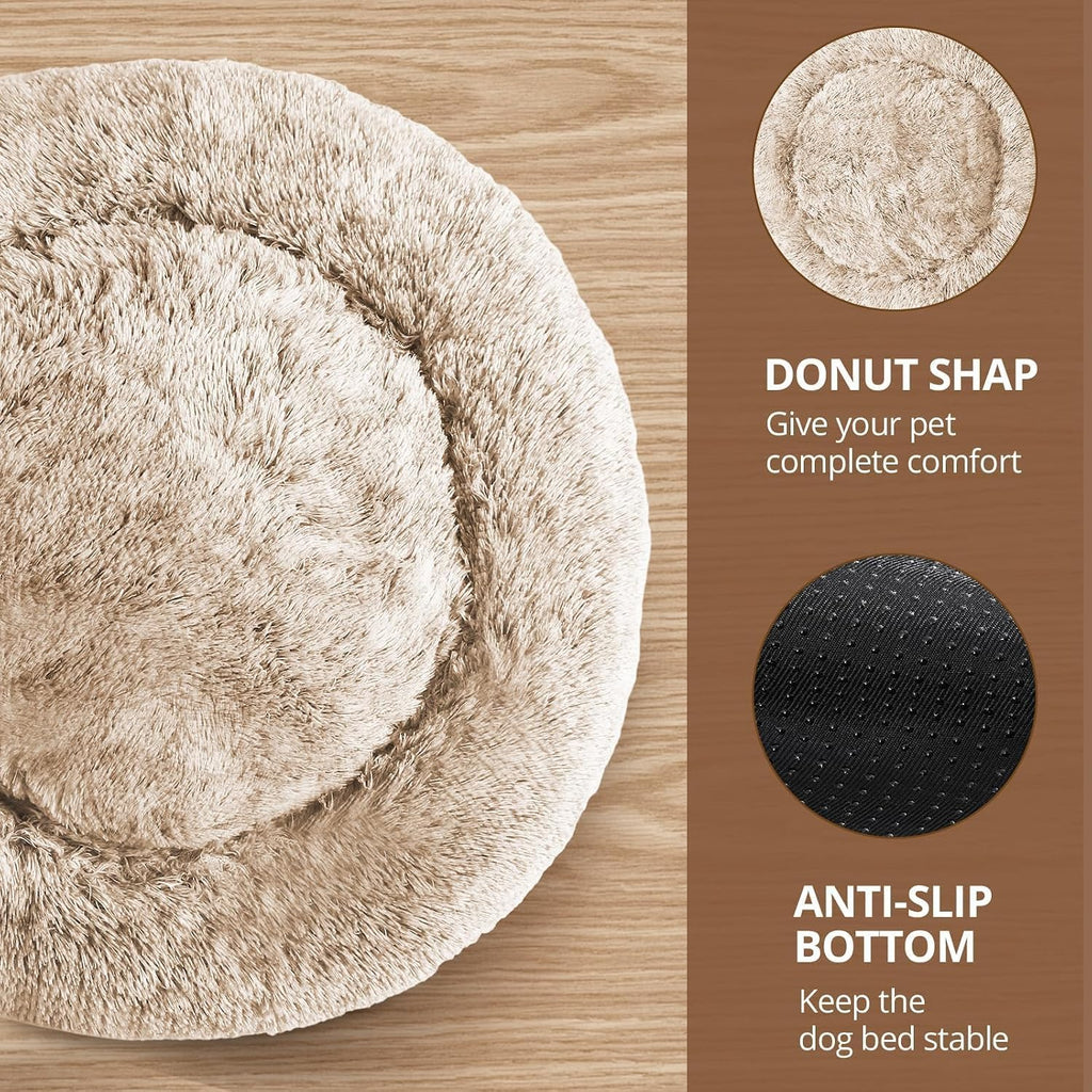 JOLLYVOGUE Calming Dog Beds Large Sized Dog, 36in Donut Washable Large Pet Bed, Anti-Slip & Anti-Anxiety Fluffy Faux Fur Round Dogs Bed, Fits up to 80 lbs Pets (Cream Brown)