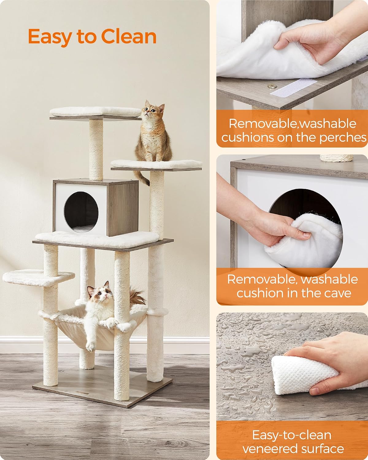 Feandrea Cat Tree, 56.3-Inch Contemporary Cat Tower, Multi-Level Condo