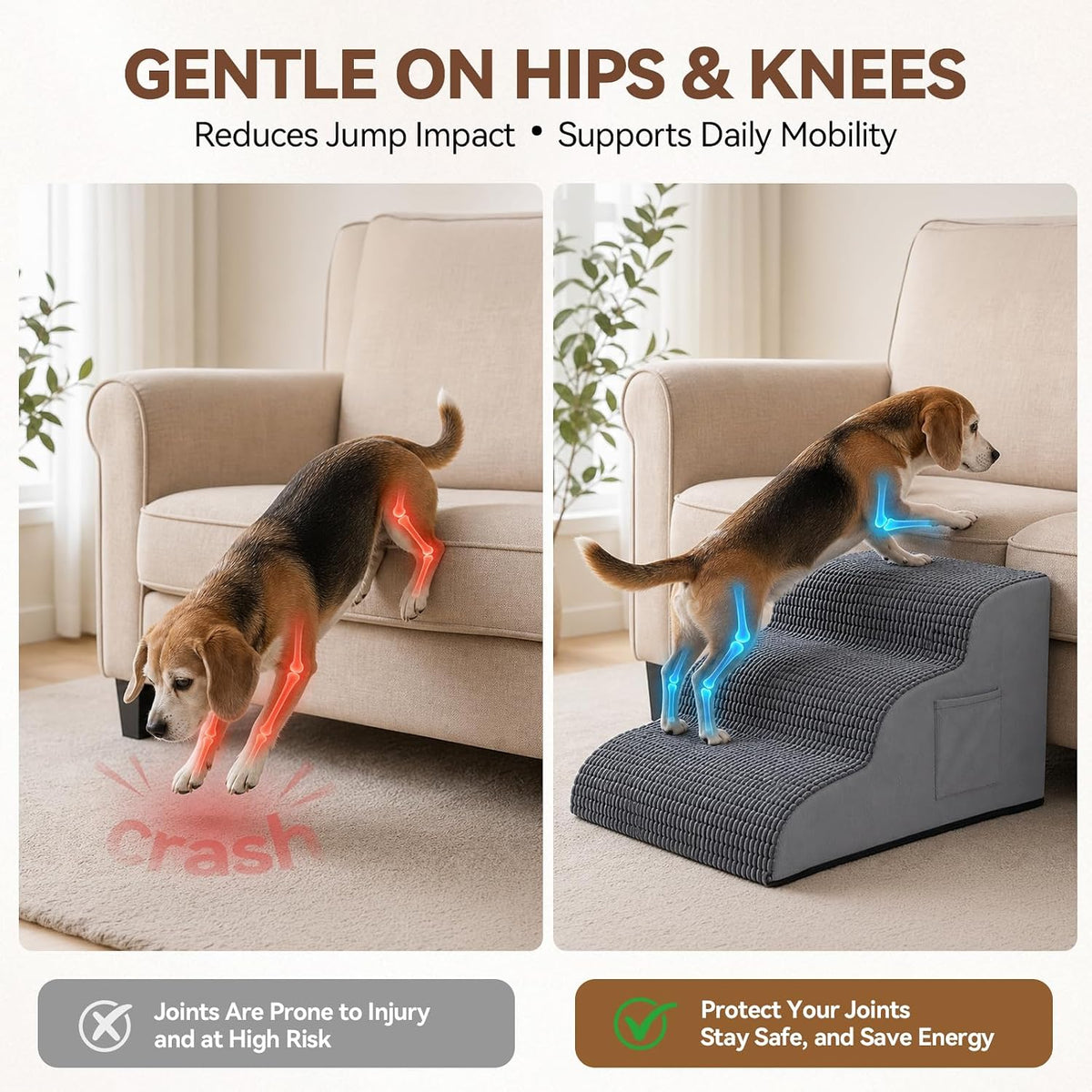 Extra Wide 3 Step Dog Stairs for Bed & Couch, Small Medium Dogs