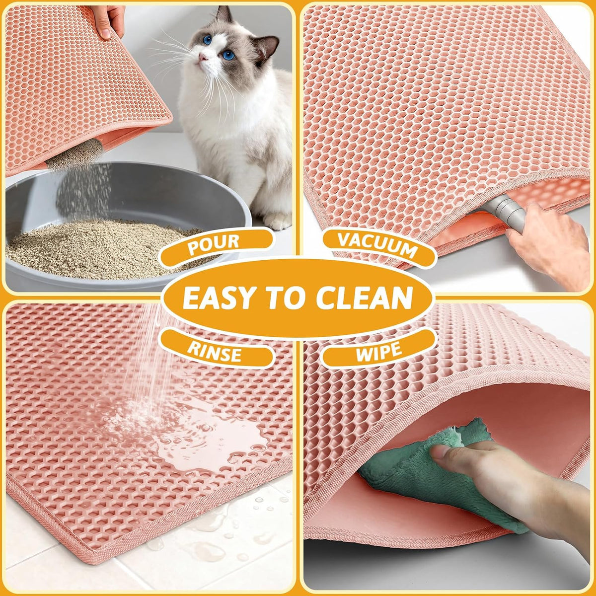 Pieviev Litter Mat, Double-Layer Waterproof Design, 30" x 24" Coral Red | Honeycomb Litter Trapping Mat Captures Scattered Particles to Stop Tracking, Waterproof Base Protects Floors, Easy to Clean