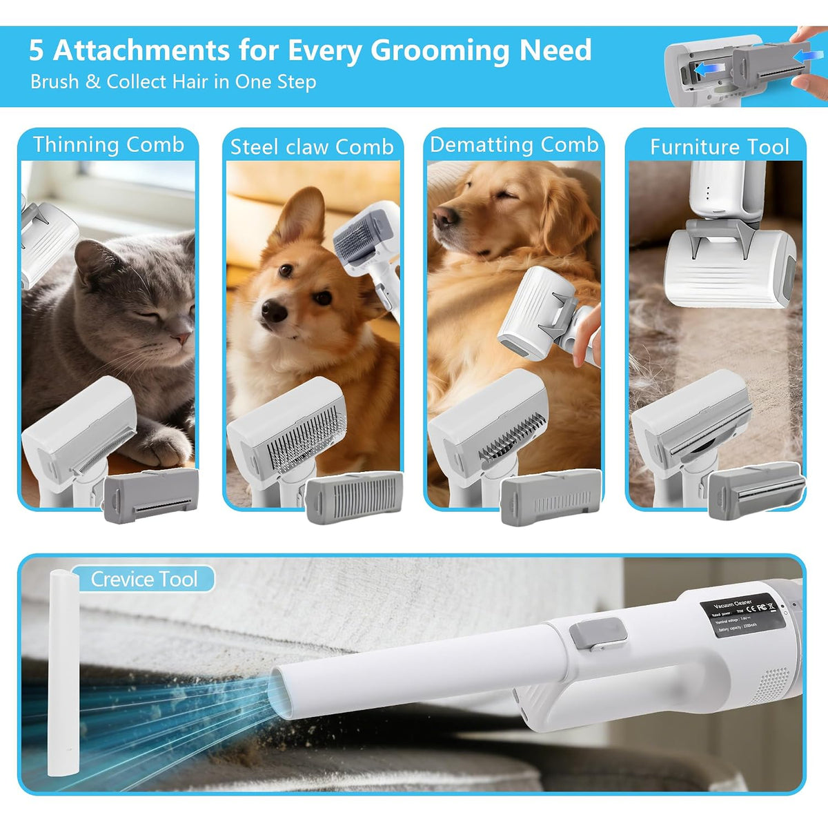 Pet Brush With Vacuum | 5-in-1 Hair Shedding & Vacuum Tool Kits