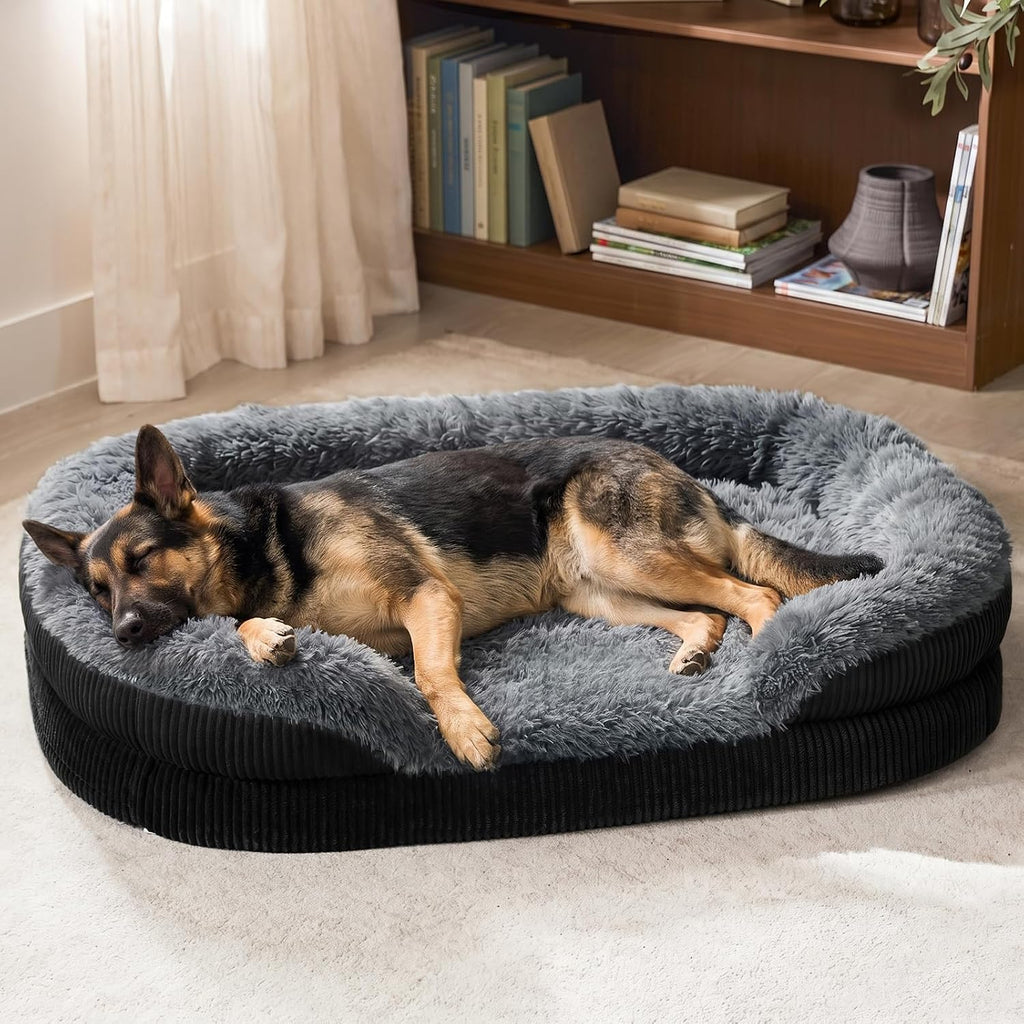 INVENHO Fluffy Orthopedic Dog Bed for Extra Large Dogs,XXL Egg-Crate Foam Bolster Sofa Bed with Washable Removable Waterproof Cover, Fluffy Plush Faux Fur Dog Bed with Nonskid Bottom