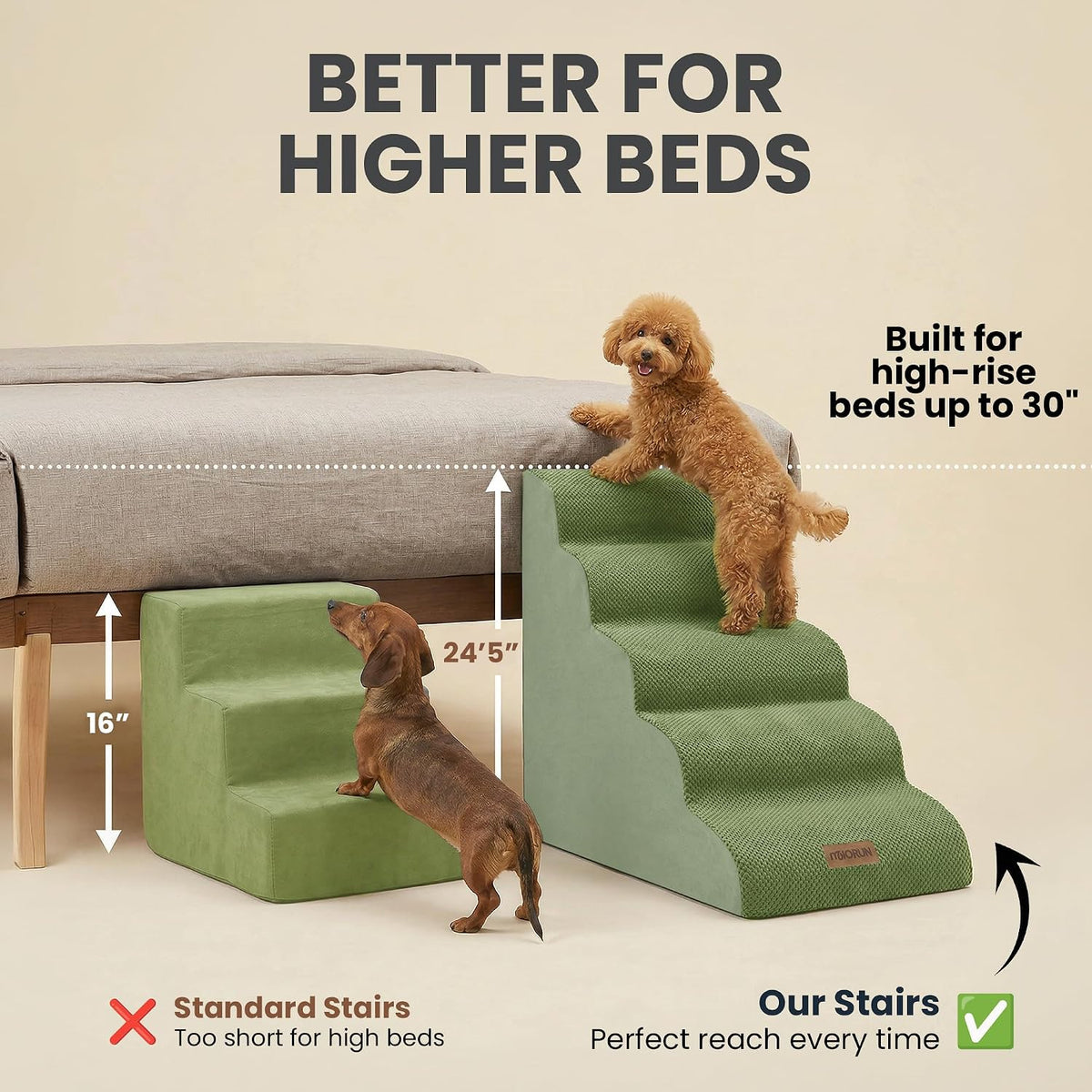 Miorun Dog Stairs for High Beds, 24.5" Foam Pet Ramp Step for Small Dogs