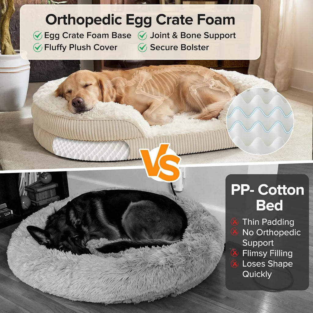 INVENHO Fluffy Orthopedic Dog Beds Large Sized Dog, Jumbo Egg-Crate Foam Bolster Sofa Bed with Washable Removable Waterproof Cover, Fluffy Plush Faux Fur Dog Bed with Non-Skid Bottom