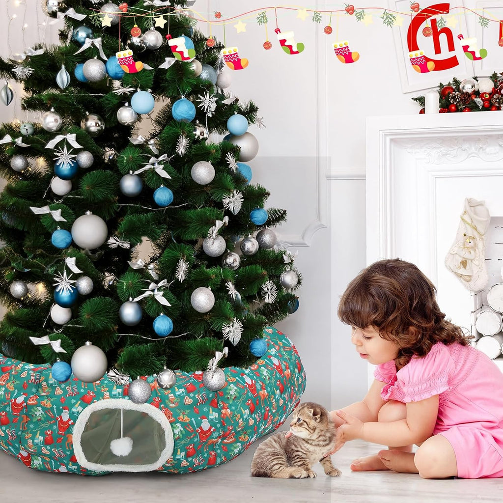 Christmas Cat Tunnel Bed Under Tree Plush Cave Toy, Santa