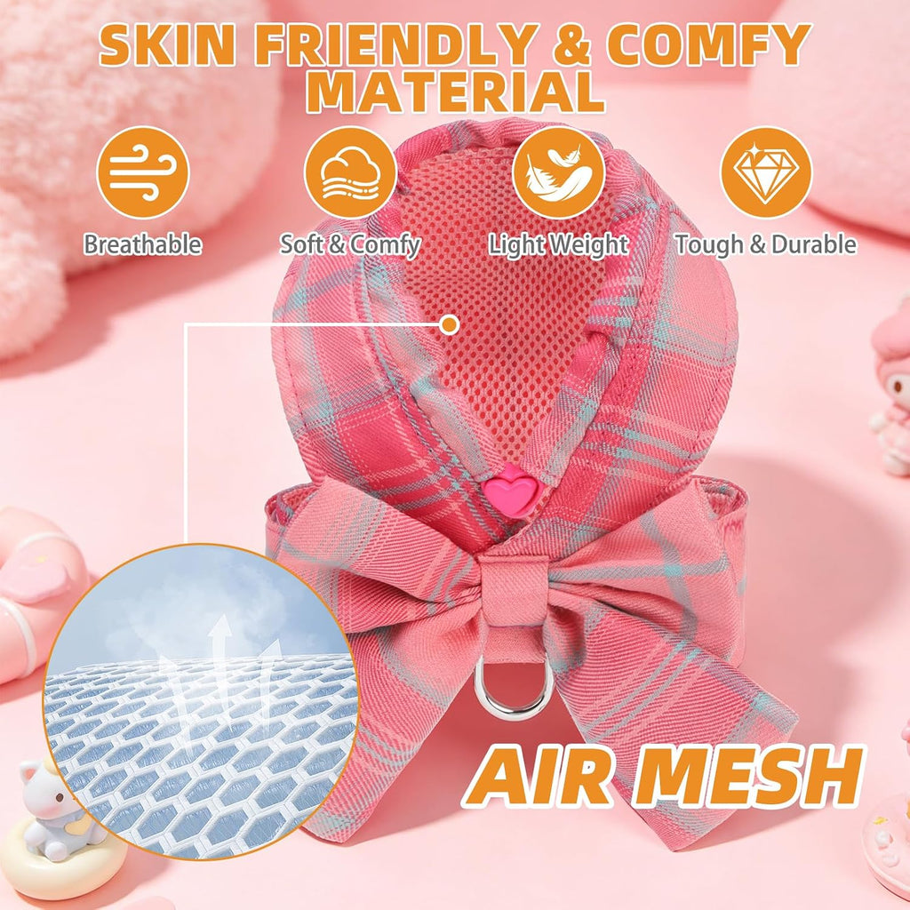 KOOLTAIL Small Dog Harness and Leash Set, Cute Puppy Vest Harnesses with Bowtie, Step in No Pull Soft Mesh Padded Adjustable Plaid Pet Harness for Extra-Samll Medium Dogs Cats, Boy Girl, Pink XS-M