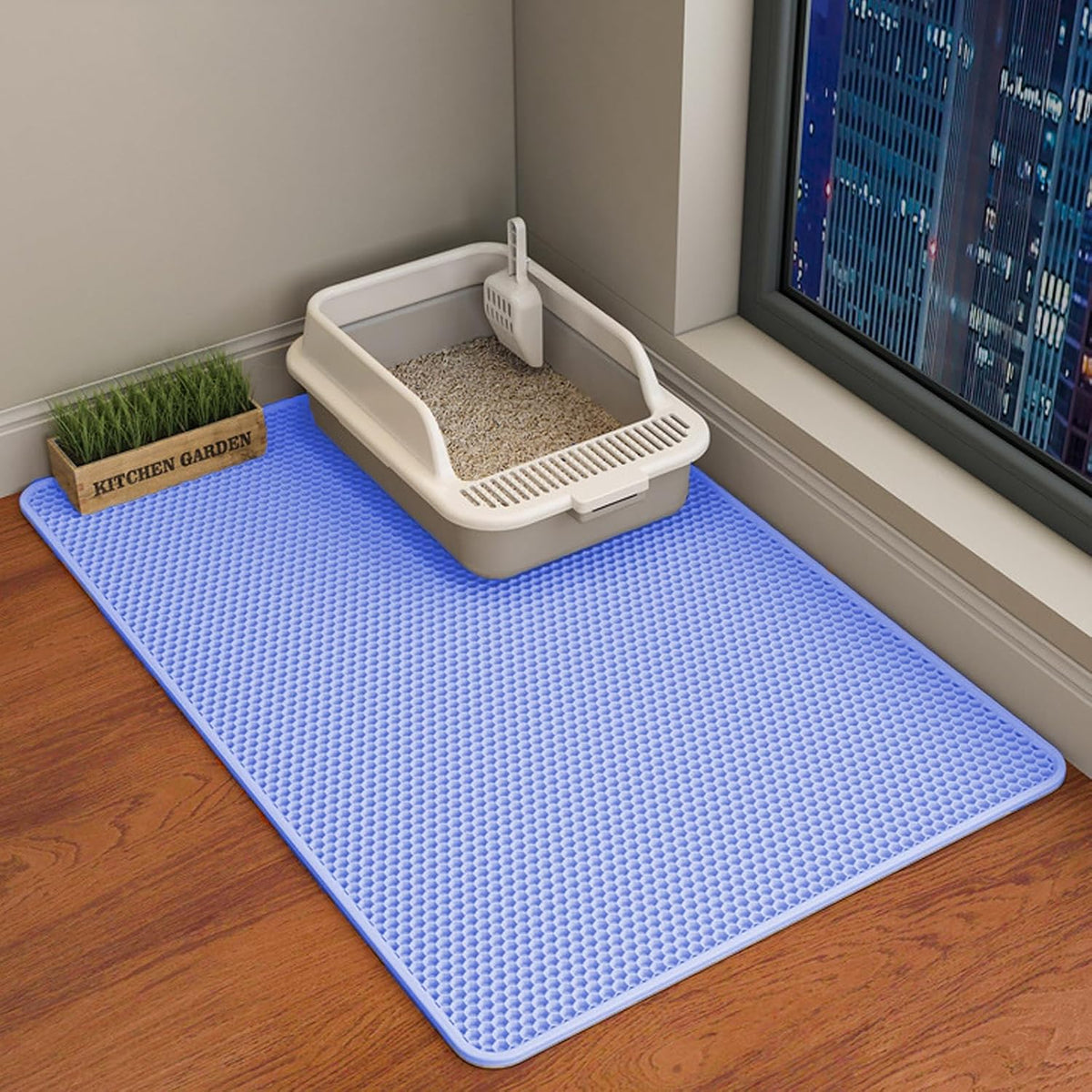 Cat Litter Mat, Double Layer Cat Litter Box Mat (35x24 Inch, Blue)