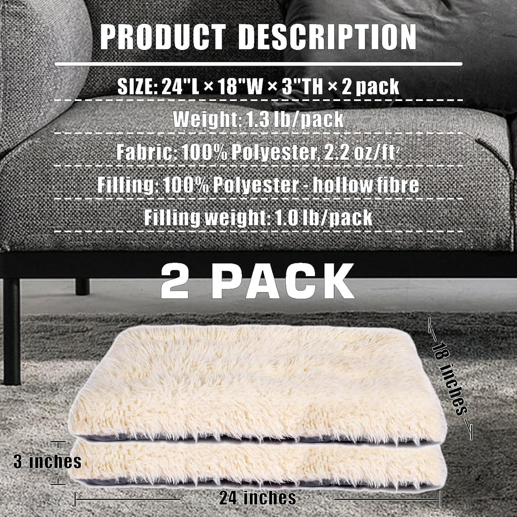 Machine Washable Dog Bed, Deluxe Plush Dog Crate Pad and Cat Bed, Anti-Slip Bottom Kennel Pad Mat, Fuzzy Pet Beds for Large, Medium, Small Dogs Breeds (Ivory, 24.0" L x 18.0" W x 3.0" Th x 2 Pack)