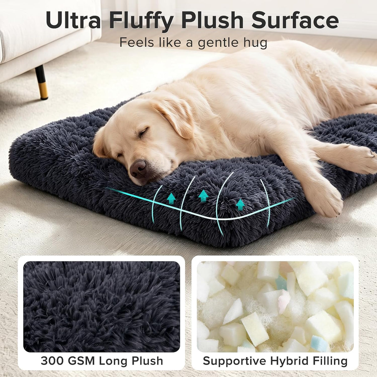 JOEJOY Large Dog Bed Crate Pad, Deluxe Plush Washable Dog Beds Fulffy Soft Kennel Pad Anti-Slip Pet Sleeping Mat for Extra Large Medium Small Dogs, 40" x 27", Dark Grey