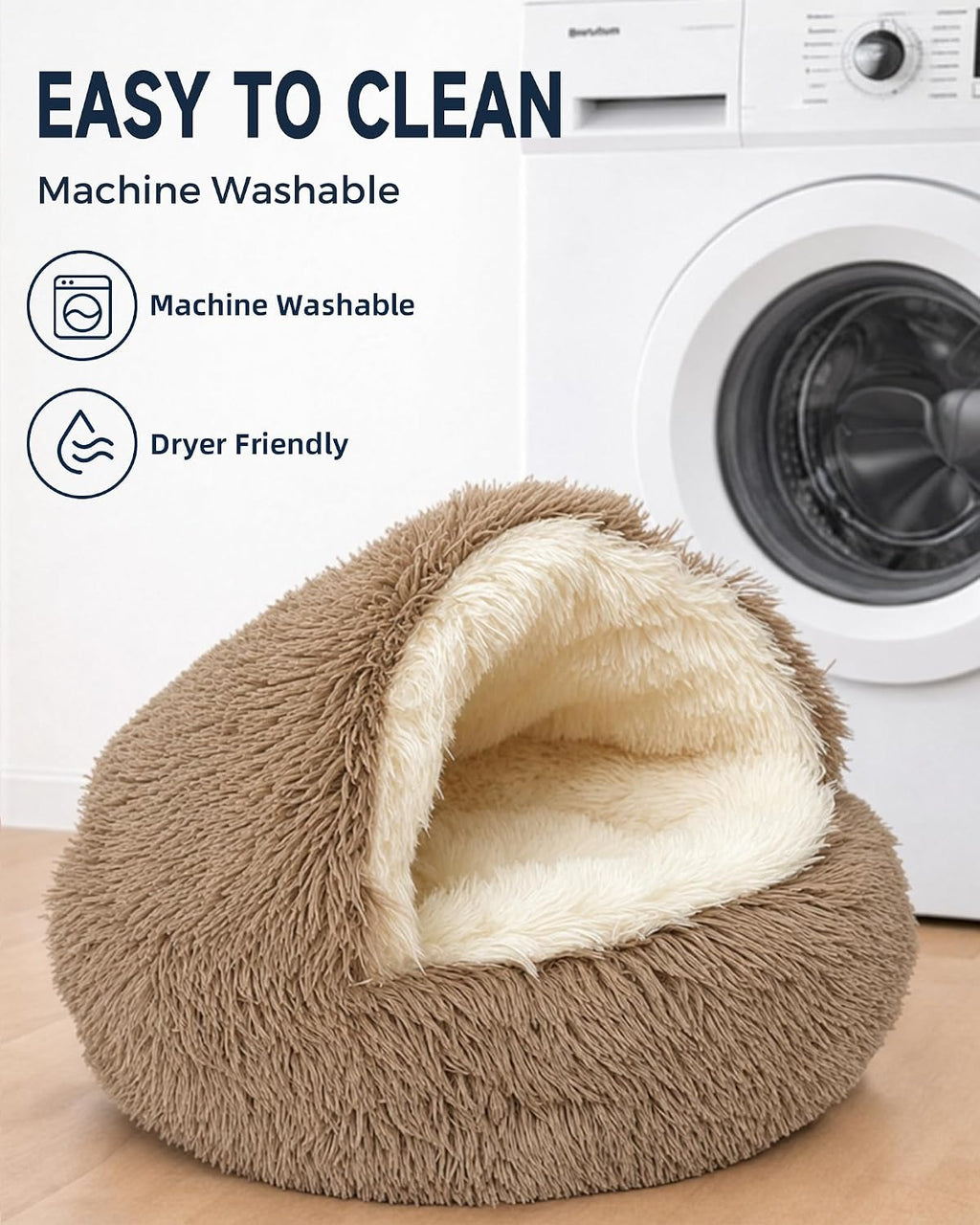 ShinHye Round Plush Fluffy Hooded Cat Bed Cave, Cozy for Indoor Cats or Small Dogs, Waterproof Bottom, Washable（23 in）