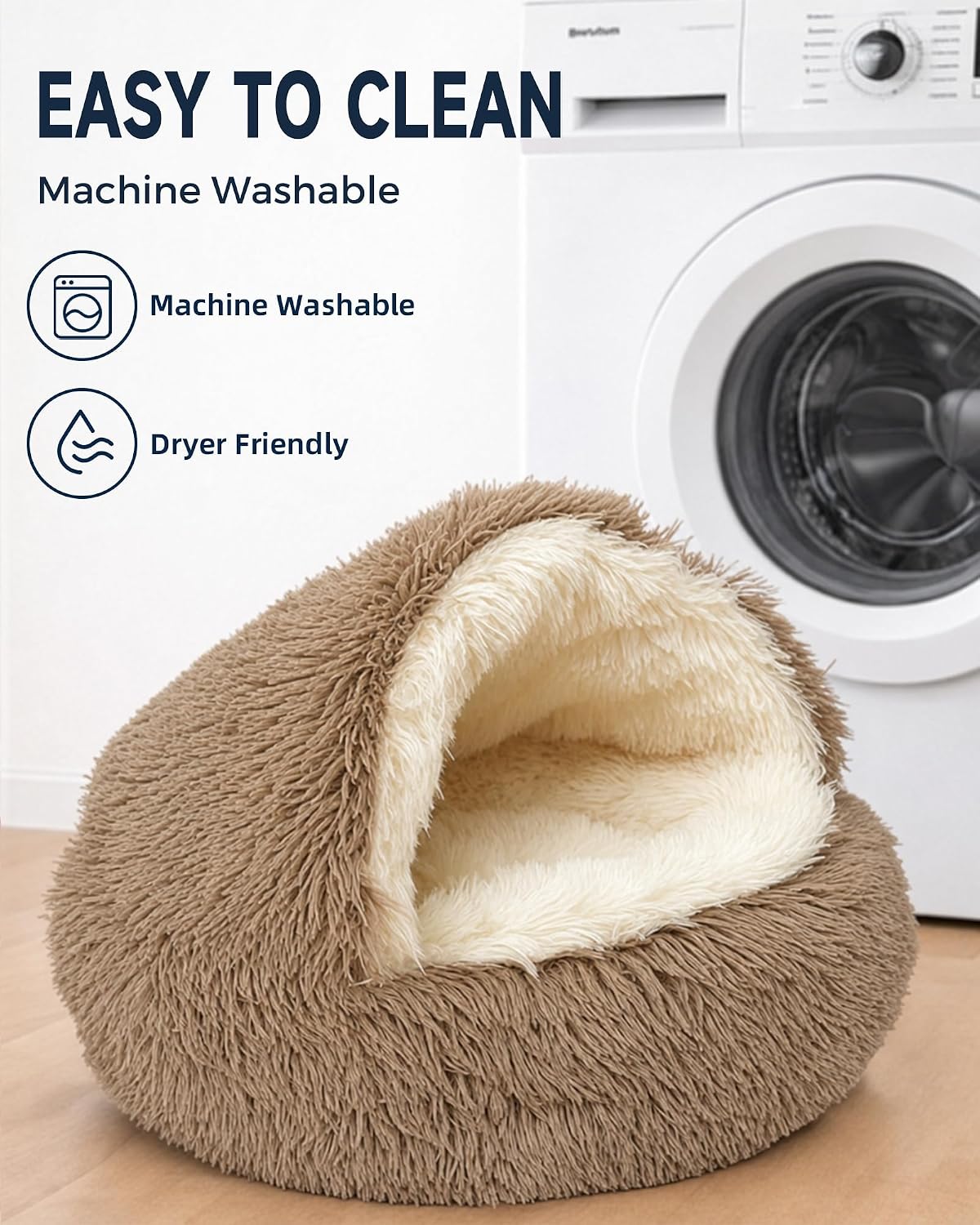 ShinHye Round Plush Fluffy Hooded Cat Bed Cave, Cozy for Indoor Cats or Small Dogs, Waterproof Bottom, Washable（23 in）