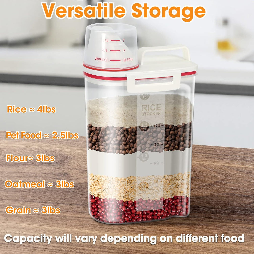 TBMax 2 Pack Rice Storage Containers 4 Lbs, Small Rice Dispenser with Measuring Cup, Cereal Containers Flour Bin, Kitchen Food Storage Container and Pantry Organizers, Pet Dog Cat Food Dispenser