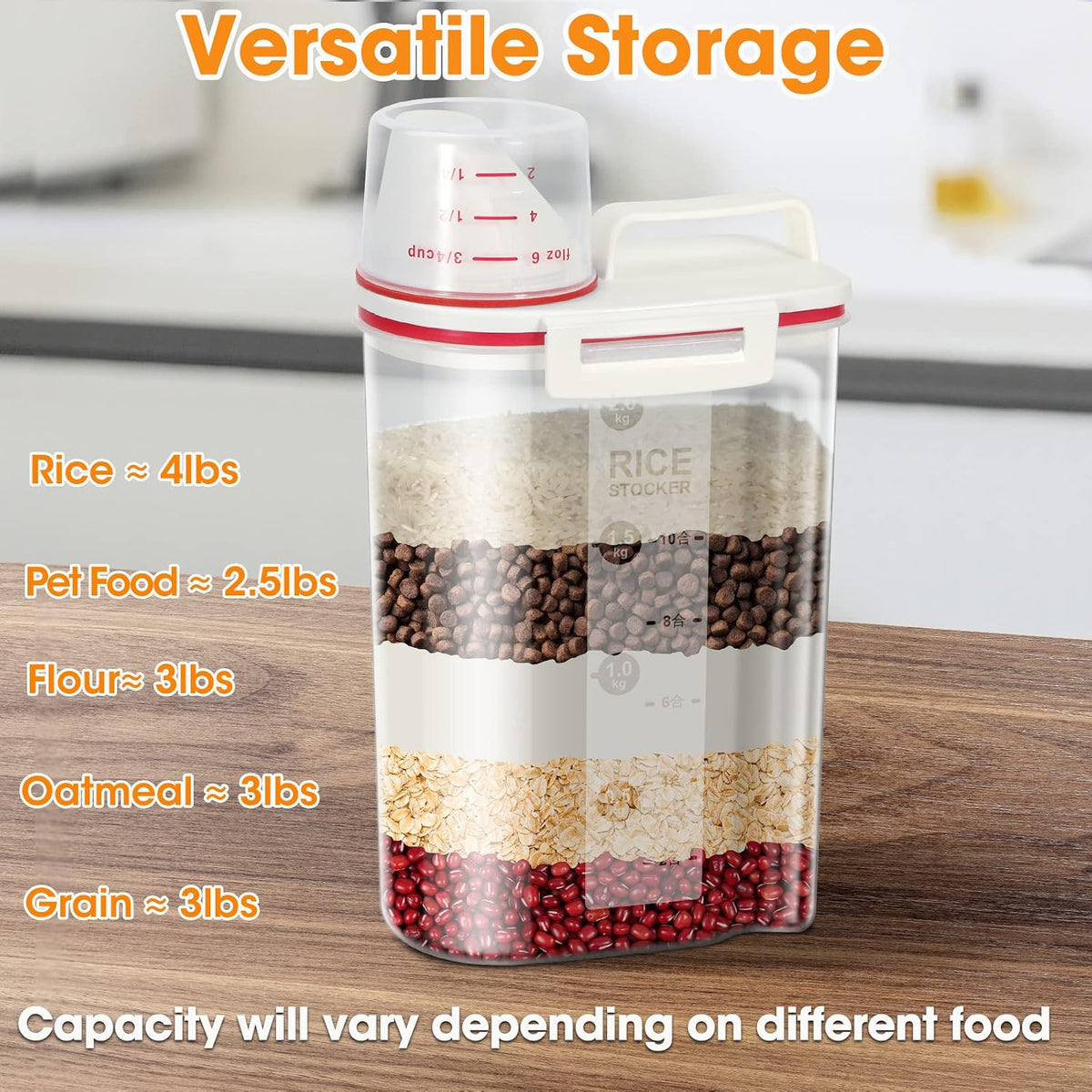 TBMax 2 Pack Rice Storage Containers 4 Lbs, Small Rice Dispenser with Measuring Cup, Cereal Containers Flour Bin, Kitchen Food Storage Container and Pantry Organizers, Pet Dog Cat Food Dispenser