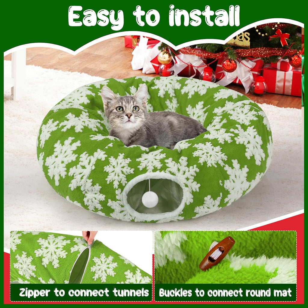 Cat Tunnel Christmas Tree Skirt for 5-7.5ft Trees - Prevent Christmas Tree Falling, Snowflake Patterns Warm Soft Cat Tube Bed with Anti-Slip Mat
